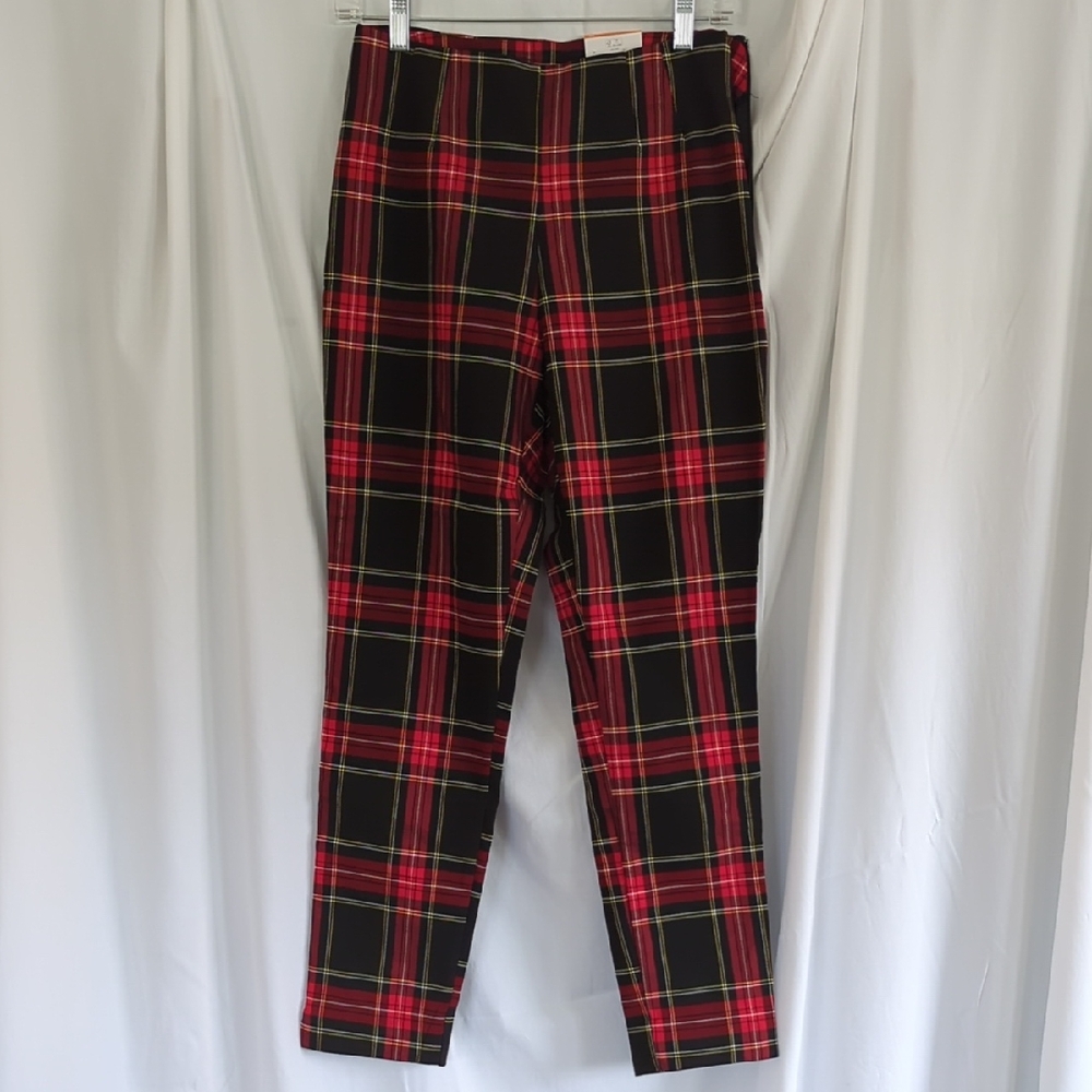 Time and Tru Red Black Plaid Trousers with Yellow Accent